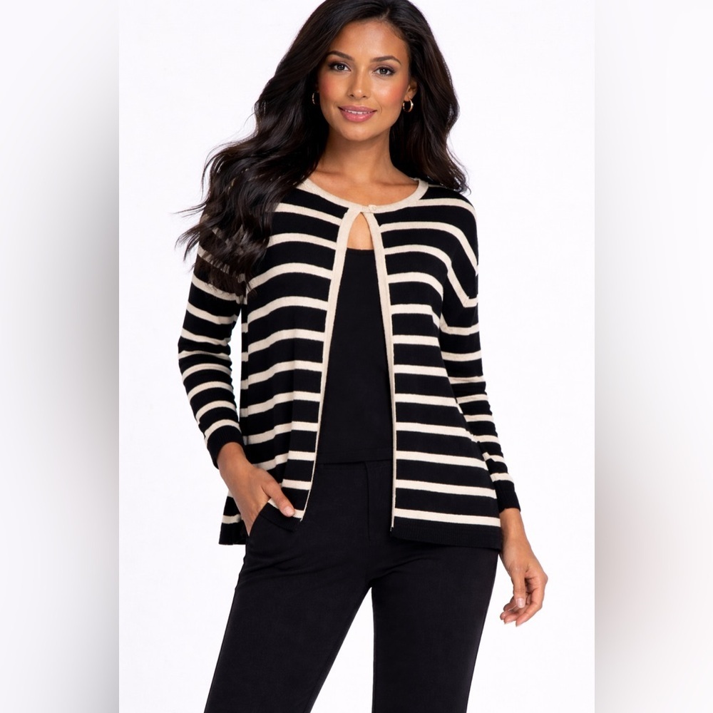 Uniform Woman by Paul Richard Black Striped Cardigan Open Front Sz. 2X - Picture 3 of 11